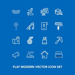 Fototapeta na wymiar Modern, simple vector icon set on blue background with box, explosion, danger, pin, crane, travel, video, industry, construction, pencil, home, loudspeaker, mask, bedroom, map, location, voice icons