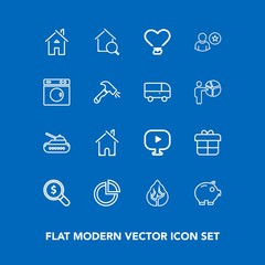 Modern, simple vector icon set on blue background with economy, cash, house, holiday, profile, forest, gift, bank, decoration, panzer, tank, laundry, web, chart, sign, real, internet, building icons