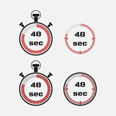 Timer 48 seconds on gray background . Stopwatch icon set. Timer icon. Time check. Seconds timer, seconds counter. Timing device.  Four options. EPS 10 vector.