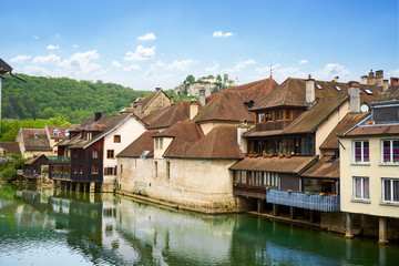 Fototapeta na wymiar Ornans Cityscape Aside Loue River - Franche Comté - France