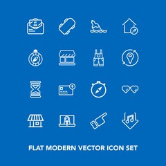 Modern, simple vector icon set on blue background with bottle, home, drink, east, pointing, clock, money, sunglasses, finance, currency, video, skater, skate, water, glasses, call, house, sign icons