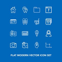 Modern, simple vector icon set on blue background with home, idea, estate, folder, paper, wireless, food, travel, ball, equipment, lens, face, architecture, road, map, ice, house, file, office icons