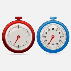 Red and blue realistic timers 35 seconds on gray background . Stopwatch icon set. Timer icon. Time check. 35 seconds. Seconds timer, seconds counter. Timing device.  Four options. EPS 10 vector.