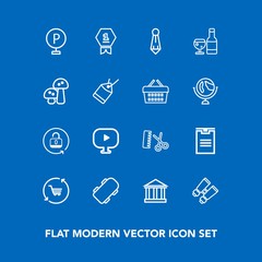 Modern, simple vector icon set on blue background with fashion, search, sign, europe, media, vision, lock, skateboard, unlock, board, shop, place, security, salon, hairdresser, watch, package icons