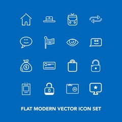 Modern, simple vector icon set on blue background with fashion, badge, celebration, leather, chat, open, cheque, lock, change, people, architecture, concept, cap, present, sign, building, label icons