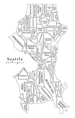 Modern City Map - Seattle Washington city of the USA with neighborhoods and titles outline map