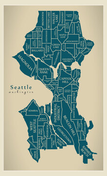Modern City Map - Seattle Washington city of the USA with neighborhoods and titles
