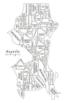 Modern City Map - Seattle Washington city of the USA with neighborhoods and titles outline map