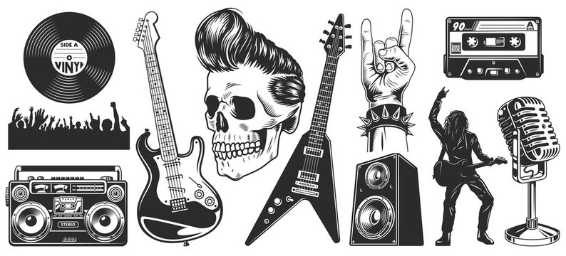 Set of rock and roll music emblems