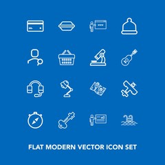 Modern, simple vector icon set on blue background with support, people, aircraft, debit, hamburger, north, lock, money, call, businessman, map, interior, electricity, vintage, flight, plane, bun icons