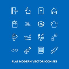 Modern, simple vector icon set on blue background with eye, cabinet, railway, furniture, glasses, medieval, hand, white, direction, transportation, internet, cancel, blade, transport, business icons