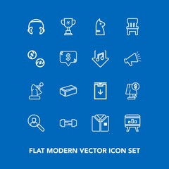 Modern, simple vector icon set on blue background with building, download, business, material, winner, internet, fitness, tshirt, championship, satellite, brick, online, construction, template icons
