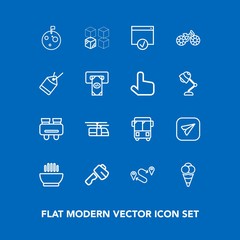 Modern, simple vector icon set on blue background with dish, space, sky, relocation, vision, communication, message, moon, tool, blue, road, axe, construction, soup, email, ball, travel, house icons