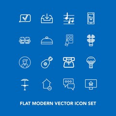Modern, simple vector icon set on blue background with competition, light, jump, sound, removal, house, bar, real, property, apartment, man, boxing, parachute, music, boy, message, sign, table icons