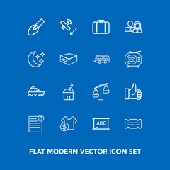 Modern, simple vector icon set on blue background with airport, flight, entertainment, black, background, home, estate, boat, document, scale, building, hand, business, ticket, house, travel, up icons