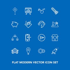 Modern, simple vector icon set on blue background with template, air, night, transfer, jazz, astronomy, mobile, structure, building, location, musical, sky, fan, telescope, taxi, construction icons