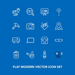 Modern, simple vector icon set on blue background with garbage, website, bin, vintage, fan, location, route, recycling, speed, search, sun, sunglasses, electric, speech, trash, building, bus icons