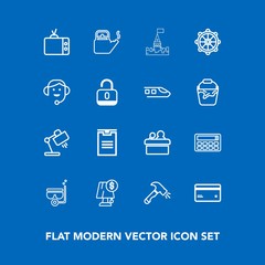 Modern, simple vector icon set on blue background with construction, summer, conference, castle, steam, public, water, snorkel, mask, hot, home, helm, lamp, presentation, plastic, card, shovel icons