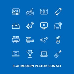 Modern, simple vector icon set on blue background with button, technology, growth, competition, interface, computer, helicopter, screen, aviation, satellite, money, position, vision, laptop, car icons