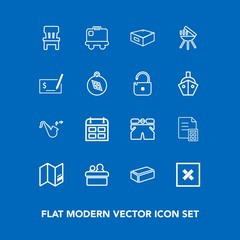 Modern, simple vector icon set on blue background with comfortable, airport, money, meeting, sign, speaker, time, schedule, map, template, world, drawer, luggage, trumpet, material, bag, day icons