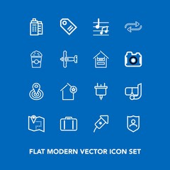 Modern, simple vector icon set on blue background with real, baggage, power, luggage, musical, sale, radius, festival, point, electric, price, summer, building, holiday, security, center, event icons