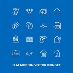 Modern, simple vector icon set on blue background with award, favorite, house, drill, supermarket, equipment, orbit, office, winner, interior, machine, place, space, hand, calculator, store, id icons