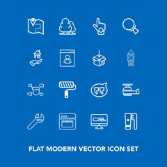 Modern, simple vector icon set on blue background with helicopter, website, environment, roller, clean, health, transportation, equipment, web, forest, man, male, location, hand, air, map, tool icons