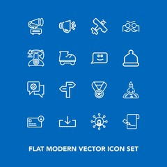 Modern, simple vector icon set on blue background with business, display, pen, gramophone, travel, chat, rocket, arrow, music, record, white, flight, sound, plane, speaker, download, launch, web icons