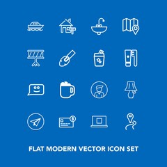 Modern, simple vector icon set on blue background with male, route, card, water, map, boy, location, internet, message, lamp, coffee, switch, balance, profile, smile, faucet, cup, mug, table icons