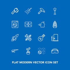 Modern, simple vector icon set on blue background with musical, hammer, equipment, package, relocation, petrol, gasoline, glasses, replacement, tree, folk, shovel, fuel, white, screwdriver, army icons