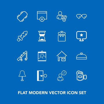 Modern, simple vector icon set on blue background with sign, board, home, building, equipment, clock, hour, luggage, reel, business, house, rod, film, lamp, light, estate, fishing, photo, trip icons