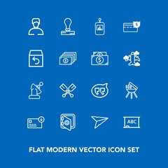 Modern, simple vector icon set on blue background with finance, envelope, paper, cooking, oar, bag, earth, grill, boy, chat, safety, black, security, send, space, satellite, speech, business icons