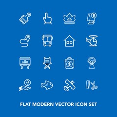 Modern, simple vector icon set on blue background with infographic, finger, click, dollar, balloon, armchair, crown, king, queen, white, money, hairdresser, fish, air, flight, sale, hot, salon icons