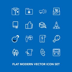 Modern, simple vector icon set on blue background with medicine, laboratory, chicken, technology, fashion, snack, presentation, telephone, sale, safety, meeting, people, security, tree, button icons