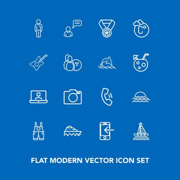Modern, simple vector icon set on blue background with mobile, fahrenheit, cell, transfer, technology, communication, thermometer, ocean, sun, award, work, success, video, phone, telephone, sea icons