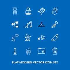 Modern, simple vector icon set on blue background with knife, money, folder, projection, room, blank, comfortable, progress, cafe, development, home, interior, growth, protection, security, coin icons