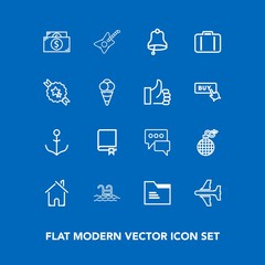 Modern, simple vector icon set on blue background with helm, folder, blue, bomb, book, home, music, ship, study, fire, swimming, pool, travel, speech, cash, guitar, architecture, musical, white icons