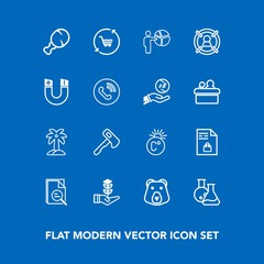 Modern, simple vector icon set on blue background with shop, chicken, screwdriver, axe, fahrenheit, wild, cart, medicine, people, seedling, grizzly, leaf, supermarket, business, temperature icons