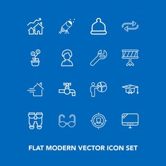 Modern, simple vector icon set on blue background with sink, laptop, fashion, faucet, estate, graduation, pc, head, presentation, increase, cap, night, bathroom, equipment, internet, home, star icons