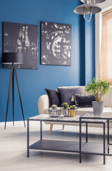 Blue interior with black art