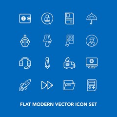 Modern, simple vector icon set on blue background with male, open, button, unlock, launch, office, player, suit, wallet, setting, paper, computer, music, file, shuttle, folder, business, fashion icons
