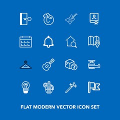 Modern, simple vector icon set on blue background with clothing, america, white, musical, weapon, air, nation, bulb, book, magician, door, grenade, hand, fashion, clothes, music, office, lamp icons