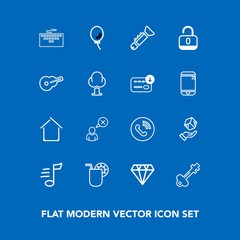 Modern, simple vector icon set on blue background with cocktail, jewelry, home, glass, summer, gem, box, internet, cargo, circle, crystal, lock, key, juice, delivery, package, music, diamond icons