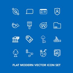 Modern, simple vector icon set on blue background with finance, tag, sale, key, decorative, security, undersea, price, tree, id, safe, location, ribbon, speech, vintage, point, bank, forest, sea icons