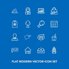 Modern, simple vector icon set on blue background with kerosene, building, download, business, fashion, gift, leather, profile, home, computer, sale, graphic, presentation, job, metal, chart icons