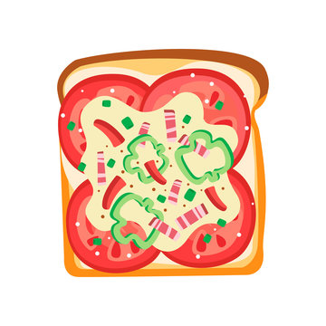 Flat vector icon of delicious sandwich. Toast bread with slices of tomatoes, pepper and bacon. Tasty snack for lunch