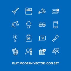 Modern, simple vector icon set on blue background with scale, business, plan, personal, map, folder, bank, travel, guitar, pin, gift, spaceship, coin, blank, weight, weapon, location, cash, chat icons