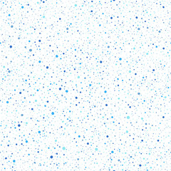 Chaotic uneven spots, drops or dots seamless repeat vector pattern. Hand drawn splash texture. Shades of blue spray on white background. Tiny specks, flecks or blobs of various size abstract ornament.