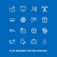 Modern, simple vector icon set on blue background with military, transportation, location, medicine, task, business, pin, risk, road, film, plan, pharmacy, vitamin, radio, equipment, map, hand icons