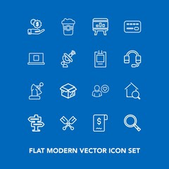 Modern, simple vector icon set on blue background with box, web, search, communication, hanger, finance, unpacking, chart, credit, dont, cafe, new, infographic, doorknob, door, package, card icons
